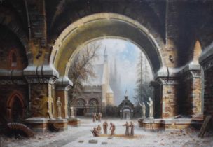 After Albert Bredow (1828-1899): Monestary Garden in the Snow, oil on canvas, 98 by 142cm.