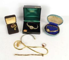 A quantity of vintage jewellery and watches to include a Rotary watch, gold plated bracelet,