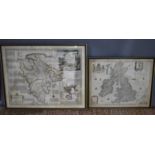 A map of Devon, 67 by 53cm, and another of The British Isles, 43 by 54cm, both framed and glazed. (