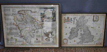 A map of Devon, 67 by 53cm, and another of The British Isles, 43 by 54cm, both framed and glazed. (