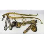 Two brass horse hames together with various horse brasses and two white metal trophy / medals