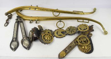 Two brass horse hames together with various horse brasses and two white metal trophy / medals