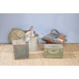 A vintage Pratts fuel can together with a copper coal scuttle, galvanised watering can, ammo box and