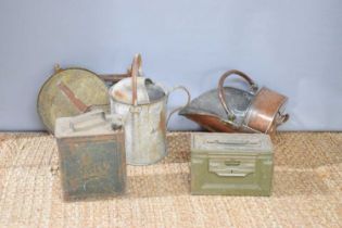 A vintage Pratts fuel can together with a copper coal scuttle, galvanised watering can, ammo box and