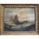 A 19th century oil on board, depicting fishing boats on rough seas, apparently unsigned, 43 by 56cm.