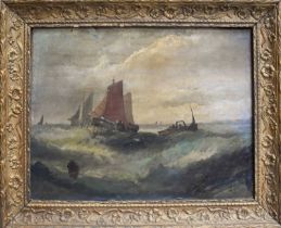 A 19th century oil on board, depicting fishing boats on rough seas, apparently unsigned, 43 by 56cm.