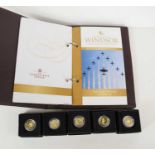 Five London Mint 9ct gold Royal House of Windsor coin collection, with certificates and boxes.
