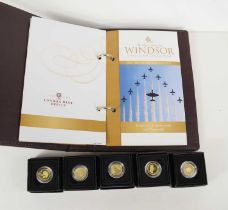 Five London Mint 9ct gold Royal House of Windsor coin collection, with certificates and boxes.