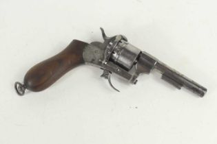 An early 20th century Belgian six shot pinfire revolver, ELG proof marks, shaped wooden grip,