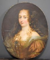 An 18th century oval oil on canvas, depicting a young woman wearing a gown with jewel brooch,