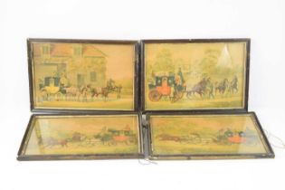 Four 19th century Mail Coach prints, framed and glazed, 21.5cm by 33cm.