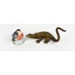 A bronze figure of a salamander or lizard together with a Royal Copenhagen porcelain robin.