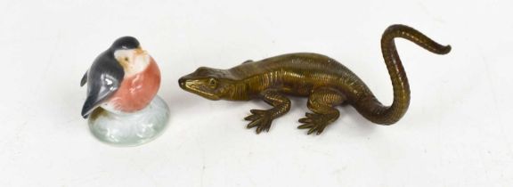 A bronze figure of a salamander or lizard together with a Royal Copenhagen porcelain robin.