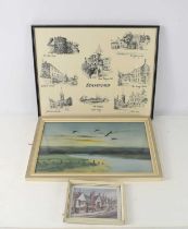 A Peter Scott framed print of geese flying together with two prints of Stamford.