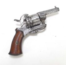 A 19th century Belgian six shot pinfire revolver, proof mark to cylinder, with shaped wooden grips