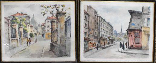 A pair of mid 20th century watercolours of Parisien street scenes, Rue de Grands-Degres, and Rue