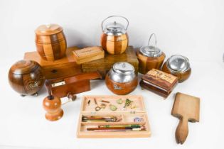 A group of treen to include Victorian workbox, stamp box, a boxed set of dominoes, tea caddies.