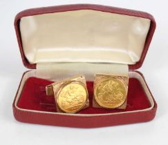Two George V gold half sovereigns, both dated 1925, mounted in 9ct gold square set cufflinks with