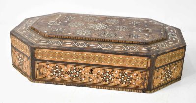 A Syrian micromosaic box, inlaid with mother of pearl and various specimen woods, of rectangular