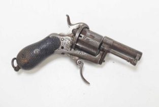 A 19th century Belgian six shot pinfire revolver, engraved with floral scrolls, 5cm barrel length,