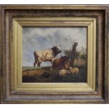 A 19th century oil on canvas, depicting cattle and sheep, oil on canvas, indistinctly signed H.
