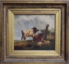 A 19th century oil on canvas, depicting cattle and sheep, oil on canvas, indistinctly signed H.