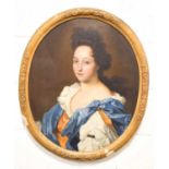 An 18th century portrait of a Lady, depicted wearing blue and orange silk drapes, manner of Lely, in