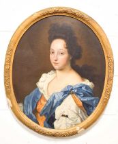 An 18th century portrait of a Lady, depicted wearing blue and orange silk drapes, manner of Lely, in