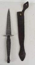 A hand made Fairbairn Sykes style commando knife, with Damascus steel blade and black metal handle,