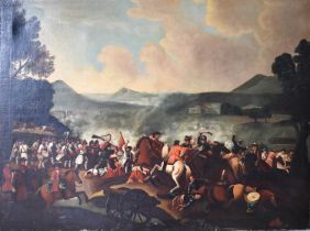 An 18th century French oil on canvas, depicting battle scene, apparently unsigned, unframed, 77 by