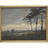An early 20th century oil on board depicting four trees in landscape, unsigned, 22 by 29cm.