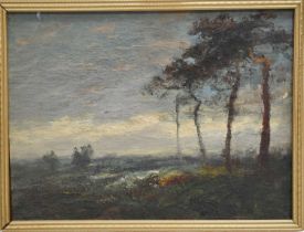 An early 20th century oil on board depicting four trees in landscape, unsigned, 22 by 29cm.