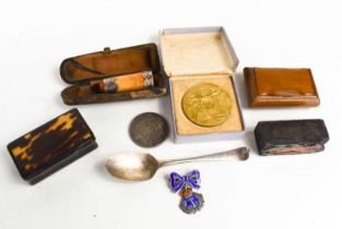 A silver spoon, silver and enamel Naval badge, a 1901 Indian Rupee, A George V and Queen Mary gilded