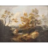 Circle of Gainsborough, 19th century, cottage with figures in wooded landscape, oil on canvas, 27 by