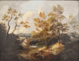 Circle of Gainsborough, 19th century, cottage with figures in wooded landscape, oil on canvas, 27 by