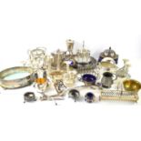 A group of metalware to include silver plated tray, pewter tankard, cruet set, dressing table