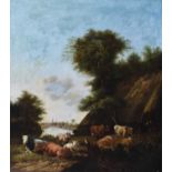 An English School 18th century oil on canvas, depicting cattle and sheep, apparently unsigned, 75 by