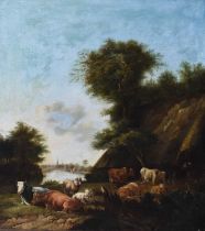 An English School 18th century oil on canvas, depicting cattle and sheep, apparently unsigned, 75 by