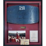 An original 1966 seat back from Wembley National Stadium, seat number 28, signed by Gordon Banks,
