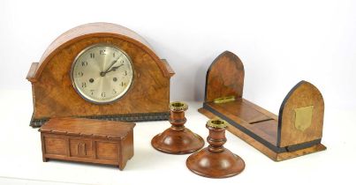 A 1950s walnut veneered mantle clock, the dial signed Pearce & Sons Leicester together with two