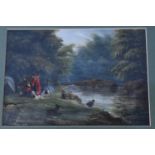 A 19th century oil on board depicting figures cooking beside a river, 19 by 26cm.