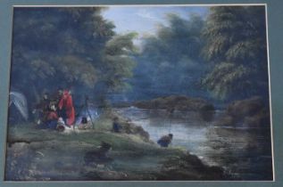 A 19th century oil on board depicting figures cooking beside a river, 19 by 26cm.