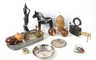 A group of collectables including a Swedish Dahla wooden horse, a trinket tray with stylised horse's