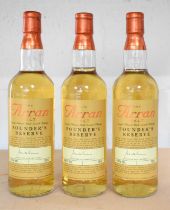 Three bottles of Arran Founder's Reserve single malt Scotch whisky, 43%, 70cl.