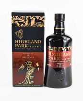 A bottle of Highland Park Valkyrie Single Malt Scotch Whisky, boxed.