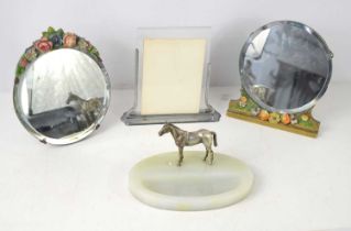 A group of collectables comprising an Art Deco chromed photograph frame, two vintage dressing