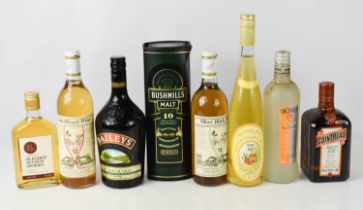 A bottle of Bushmills Malt aged 10 years Single Malt Whiskey, boxed, a bottle of Cointreau, a