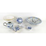 A group of ceramics to include two blue and white Chinese teapots, one decorated with fish and