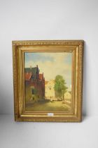 A 19th century oil on canvas depicting a street scene set within a giltwood frame. [This lot has