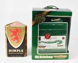 A bottle of Old St Andrews Scotch Whisky in presentation box with miniature leather golf bag,